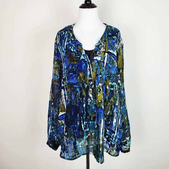 Miraclesuit Blouse Top Shapewear Popover Blue Pattern Artsy Beach Spring Summer - Picture 1 of 9